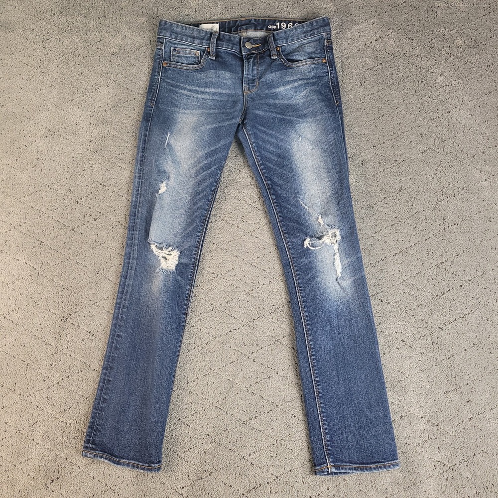 Gap‎ 1969 Jeans Womens 26S Blue Real Straight Distressed Medium Wash Stretch